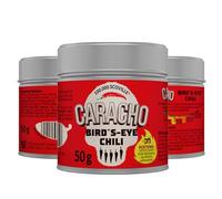 CARACHO Lot de 10 sachets de flocons de piment Bird Eye 50 g - 100 % extrêmement épicés - Poudre de piment dans boîte à épices en métal / Scoville : 100 000-200 000 / Pack économique