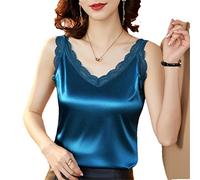 Caraco d'été en dentelle pour femme - Haut fin et solide en satin de soie - Sans manches, bleu lac, XXL