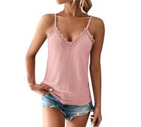 Caraco en dentelle pour femme avec col en V sans manches - Débardeur ample et décontracté - Léger et respirant - Pour sortir, vacances, fête quotidienne, rose, M