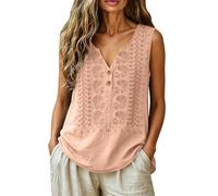 Caraco Femme Chic et Élégant Brodée sans Manches Col en V Bouton Respirant Casual Relax Débardeur Femme en Lin Fluide Léger Confort Polyvalent Haut Ample Chemisiers et Blouses Respirant Tank Top