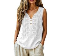 Caraco Femme Chic et Élégant Brodée sans Manches Col en V Bouton Respirant Casual Relax Débardeur Femme en Lin Fluide Léger Confort Polyvalent Haut Ample Chemisiers et Blouses Respirant Tank Top