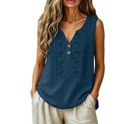 Caraco Femme Chic et Élégant Brodée sans Manches Col en V Bouton Respirant Casual Relax Débardeur Femme en Lin Fluide Léger Confort Polyvalent Haut Ample Chemisiers et Blouses Respirant Tank Top
