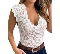 Caraco Femme Dentelle, Gilet sans Manche Femme Deep V Sexy Hot Transparent Chic Et Élégants Haut Grande Taille Classique De Base Décontracté Debardeur Eté Slim Respirante Comfortable Camisole