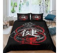 Caractères Chinois Parure De Lit 3 Pièces pour Amour Santé Chance Impression 3D Housse De Couette en Microfibre avec Taies King（220x240cm）
