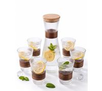 Carafe à eau avec set de verres 7 pièces - Carafe en verre cannelée 1,1L avec couvercle en bambou et 6 verres de 250 ml - BAVARY - Détails en bois d'acacia pour l'eau, le jus, le thé glacé et les