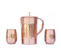 Carafe à eau en cuivre pur avec 2 gobelets en cuivre (martelé et motif uni) pour les bienfaits de la santé ayurvédique (avec baril en verre)
