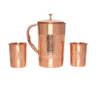 Carafe à eau en cuivre pur avec 2 gobelets en cuivre (martelé et motif uni) pour les bienfaits de la santé ayurvédique (avec verre droit)