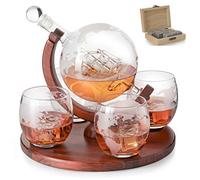 Carafe à whisky gravée du monde - Coffret cadeau pour whisky The Wine Savant Carafe globe 750 ml avec bateau antique, pierres à whisky et 4 verres carte du monde de 283,5 g, excellent cadeau