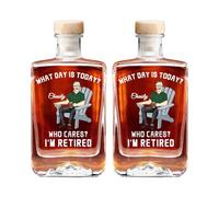 Carafe à whisky personnalisée « What Day is Today Who Cares I'm Retired » - Portrait et nom personnalisés - Bouteille de liqueur vide pour bourbon, vodka, brandy, cadeau de retraite pour papa