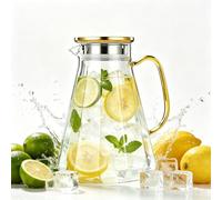 Carafe en verre de 1,8 l avec couvercle, carafe à eau en verre borosilicate | Carafe à eau avec couvercle et poignée en acier inoxydable doré, verseuse pour boissons chaudes et froides pour jus, lait