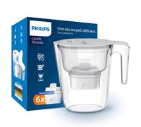 Philips Water Carafe filtrante avec 6 cartouches de remplacement, minuterie électronique, débit rapide, filtre le CHLORE, le CALCAIRE, les MÉTAUX LOURDS et les MICROPLASTIQUES, capacité de 2.6 L