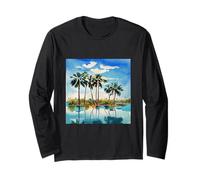 Caraïbes Tropical Island Palm Trees Aquarelle Beach Art v1 Manche Longue
