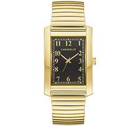 Caravelle by Bulova Montre classique à quartz pour homme avec bracelet extensible à 3 aiguilles, boîtier rectangulaire, cristal minéral incurvé, Ton doré/cadran noir, Robe