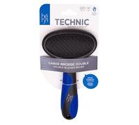 Carde Brosse Double Taille M Héry Technic pour Chien et Chat - Démêle et Supprime les Poils Morts, Face Nylon Lustreuse, Picots Souples Recourbés, Manche Ergonomique Antidérapant