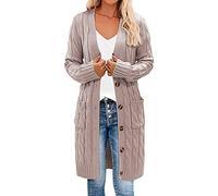 Cardigan 2025 pour femmes automne et hiver 2022 long pull pâte frite pour femmes cardigan solide avec poche boutonnée, kaki, M