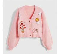 Cardigan à boutons devant avec broderie de chat mignon pour femmes, automne/hiver L,M,SAnimal,Cartoon,Blocs de couleur,Fruits & légumesTricots