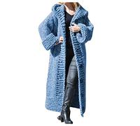 Cardigan à capuche long en tricot épais pour femme - Grande taille - Longueur cheville - Surdimensionné - Couleur unie - Pull d'extérieur chaud - Manteau d'hiver S-5XL, bleu, M
