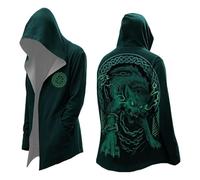Cardigan à capuche pour homme de style viking avec broderie dragon - Veste de survêtement ouverte avec gaufrage mythologique nordique - Cape gothique verte pour les fans de fantasy, Style_e01 Vert, XL