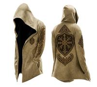 Cardigan à capuche pour homme, style viking, avec broderie Vegvisir, veste de survêtement ouverte avec symboles nordiques, cape gothique pour les fans de fantasy, Style_l01 kaki, S
