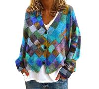 Cardigan À Carreaux Cardigan Femme Bohème Gilet Mode Bouton Matelassée Pull Plaid Style Rétro Veste Tricot Imprimé avec Motif Manteau en Peluche Élégant Manteau De Travail Automne Hiver Voyage