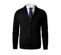 Cardigan à col châle pour homme - Tricot torsadé boutonné en laine mérinos - Un classique moderne qui ne se démodera jamais, noir, Taille 4XL