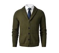 Cardigan à col châle pour homme - Tricot torsadé boutonné en laine mérinos - Un classique moderne qui ne se démodera jamais, vert olive, Taille 3XL