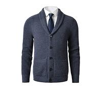 Cardigan à col châle pour homme - Tricot torsadé boutonné en laine mérinos - Un classique moderne qui ne se démodera jamais, bleu marine, Taille L