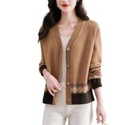 Cardigan à col en V pour femme - Manches longues - Boutonné sur le devant - Coupe ample - Style anglais - Avec motif texturé, kaki, S