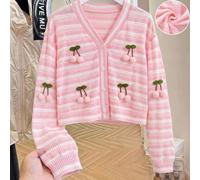 Cardigan à col en V rayé horizontalement rose & blanc pour filles, décoré d'accents de cerises en peluche 3D, design à simple boutonnage avec boutons ronds, palette de couleurs macaron douce, coupe co