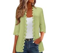Cardigan à manches 3/4 pour femme, tendance, léger, décontracté, tenue ample en dentelle ouverte sur le devant, vêtements d'extérieur d'automne, vert clair, XXL