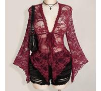 Cardigan à manches longues en dentelle bordeaux transparent, style western, country, concert, boho, hippie, goth, sexy, avec torsade à l'avant, convient pour les grandes tailles et l'Halloween 0XL,1XL