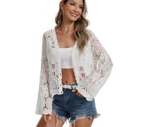 Cardigan à manches longues en dentelle florale pour femme avec boutons ajourés, blanc, Taille Unique