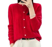 Cardigan à manches longues en laine pour femme avec col rond et ajouré, Rouge, M