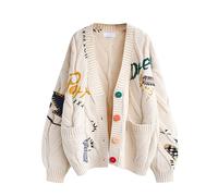 Cardigan à manches longues en maille côtelée, ouvert sur le devant, col en V, boutons et broderie, en mélange de laine, pour femme, beige, Taille XS