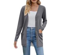 Cardigan à manches longues en tricot ouvert sur le devant pour femme - Couleur unie - Pull ample avec poches - Col en V classique - Doux et élégant, gris foncé, S