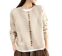 Cardigan À Manches Longues et Col Ras du Cou pour Femme, Manteau avec Boutons Colorés, Décontracté, Ample, Tricoté, pour L'Automne et l'hiver