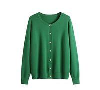 Cardigan à manches longues et col rond pour femme - Modèle d'automne et d'hiver - Style classique polyvalent - En tricot - Veste à manches longues pour cadeau de mère, Vert, XL