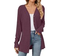 Cardigan à manches longues pour femme en tricot boutonné ouvert sur le devant - Pull ample et doux - Col en V - Couleur unie - Longline - Manteau léger, bordeaux, M