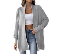 Cardigan Ample À Manches Lanternes pour Femme, Simple Col en V Couleur Unie Ouvert sur Le Devant en Tricot Décontracté Léger, Gris Clair, Unique