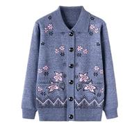 Cardigan avec Poches pour Femme Pull Épais et Chaud pour Femme D'Âge Moyen Costume De Vieille Dame Tricot Brodé pour Personne Âgée Col Ras Du Cou Manches Longues Cadeaux pour Vieille Dame Gris