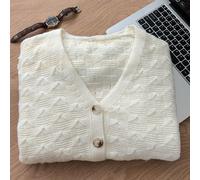 Cardigan blanc à manches longues, motif jacquard texturé, style vintage élégant pour le thé de l'après-midi, décontracté et adapté aux grandes tailles, pour l'automne/hiver 0XL,1XL,2XL,3XL,4XLUnicolor