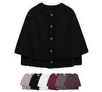 Cardigan cape en tricot court pour femme - Col rond boutonné - Manteau tendance d'automne - Manches mi-longues, Noir , M