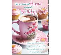 Cardigan Cards Carte d'anniversaire pour amie - Joli motif thé et gâteau - Finition brillante - Bord festonné - Jolie carte de vœux d'anniversaire pour une amie spéciale - Pour femme