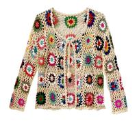 Cardigan carré en crochet avec motif floral africain pour grand-mère, bloc de couleur, cardigan tricoté multicolore ouvert sur le devant, beige, Taille Unique