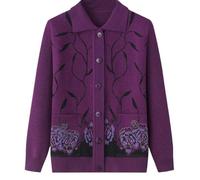 Cardigan Classique Imprimé Strass pour Dames Senior Cardigan Tricoté D'âge Moyen Et Âgé Vieille Dame Haut Occasionnel Grand Mère Porter Manteau Printemps Automne Mère Porter Pull Chaud,Violet,XL