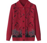 Cardigan Classique Imprimé Strass pour Dames Senior Cardigan Tricoté D'âge Moyen Et Âgé Vieille Dame Haut Occasionnel Grand Mère Porter Manteau Printemps Automne Mère Porter Pull Chaud,Rouge,XL