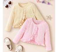Cardigan court en dentelle pour filles, rose doux et jaune crème, texture ajourée complexe à couverture complète, entouré d'une bordure à volants doux, accent de bouton unique, coupe courte, délicat e