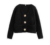 Cardigan Court En Tricot Pour Femme - Col En V - Boutonnière - Open Front - Élégant Et Décontracté Veste Courte En Crochet Avec Poches(Black,M)