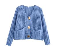 Cardigan Court En Tricot Pour Femme - Col En V - Boutonnière - Open Front - Élégant Et Décontracté Veste Courte En Crochet Avec Poches(Blue,S)