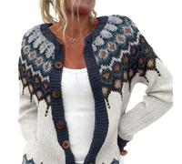 Cardigan court en tricot pour femme - Manteaux avec motif jacquard - Cardigan rétro - Pull norvégien - Pull d'hiver chaud en tricot - Pull de Noël avec boutons, Beige., XXL